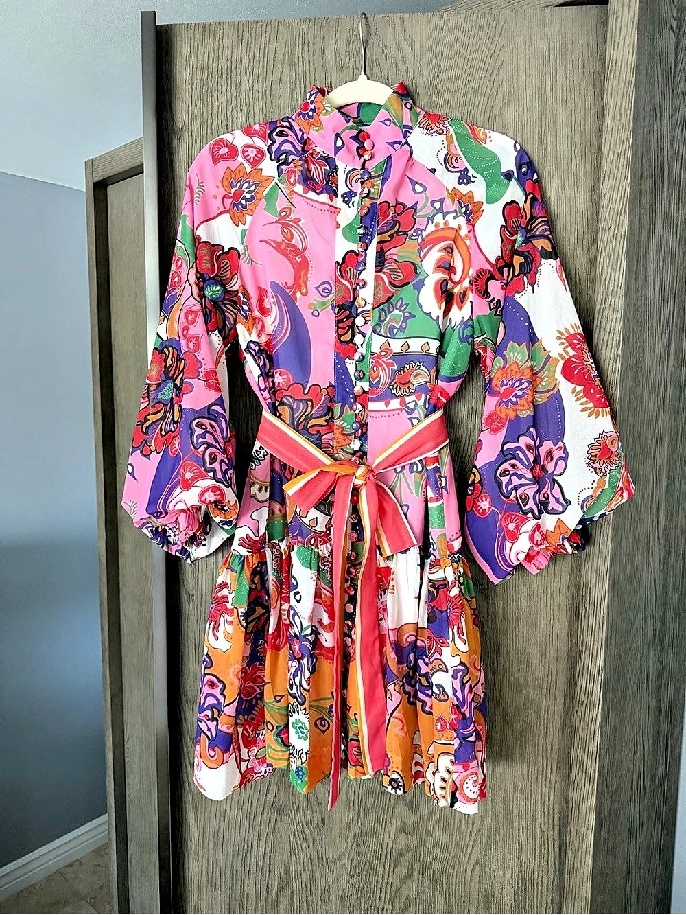 Zimmermann inspired Belted Mini Dress Floral Pink & Multicolor